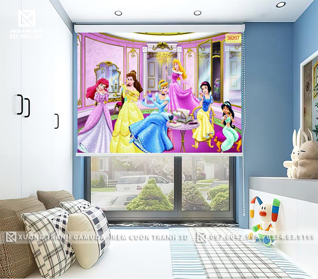 Rèm cuốn tranh 3D cho phòng ngủ bé gái phòng công chúa đáng yêu với những cô công chúa xinh đẹp cùng Bạch Tuyết trên rèm cửa sổ