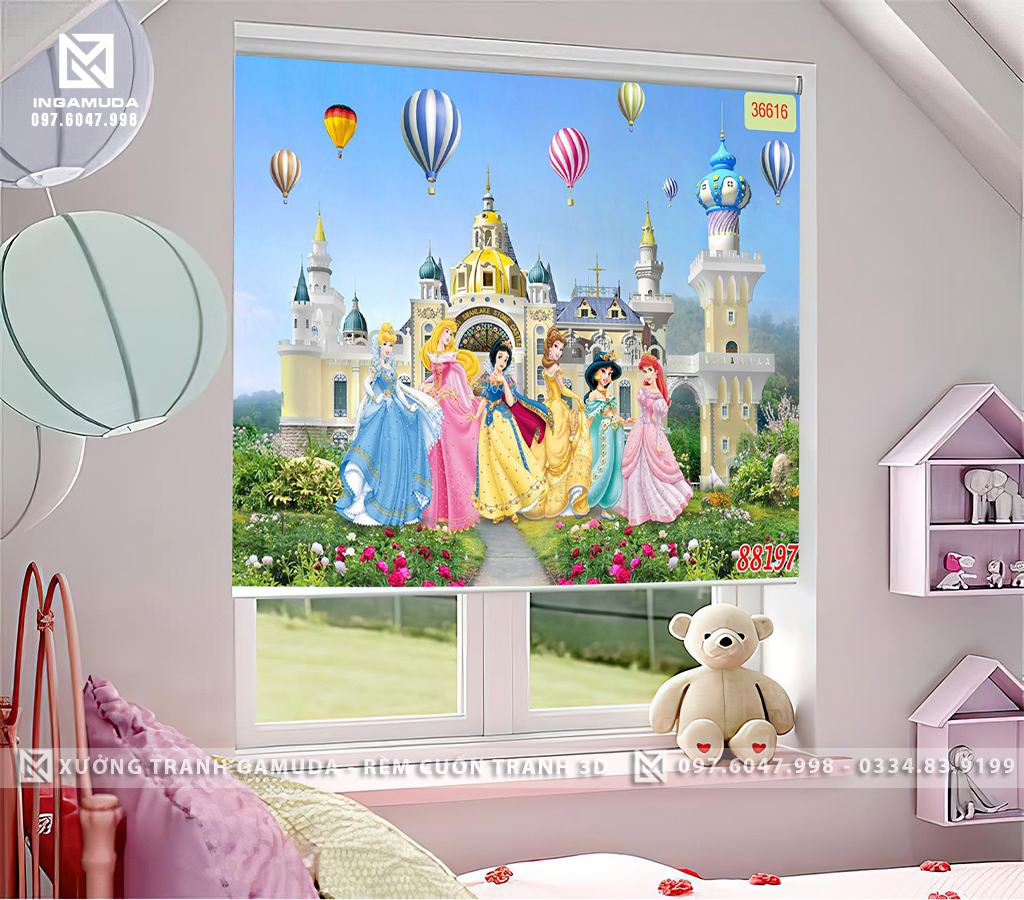 Rèm in hình lâu đài cho bé gái với hình cô công chúa đáng yêu