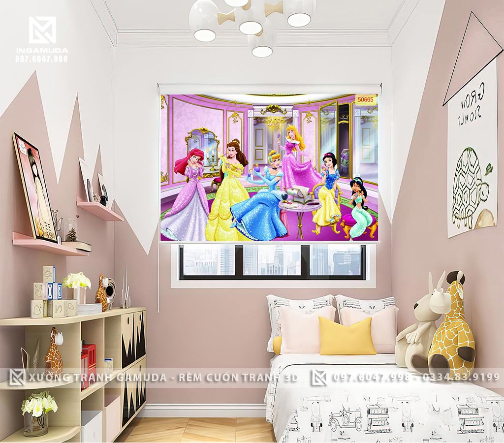 Rèm in hình công chúa cho phòng ngủ bé gái đẹp tại xưởng rèm Gamuda sản xuất