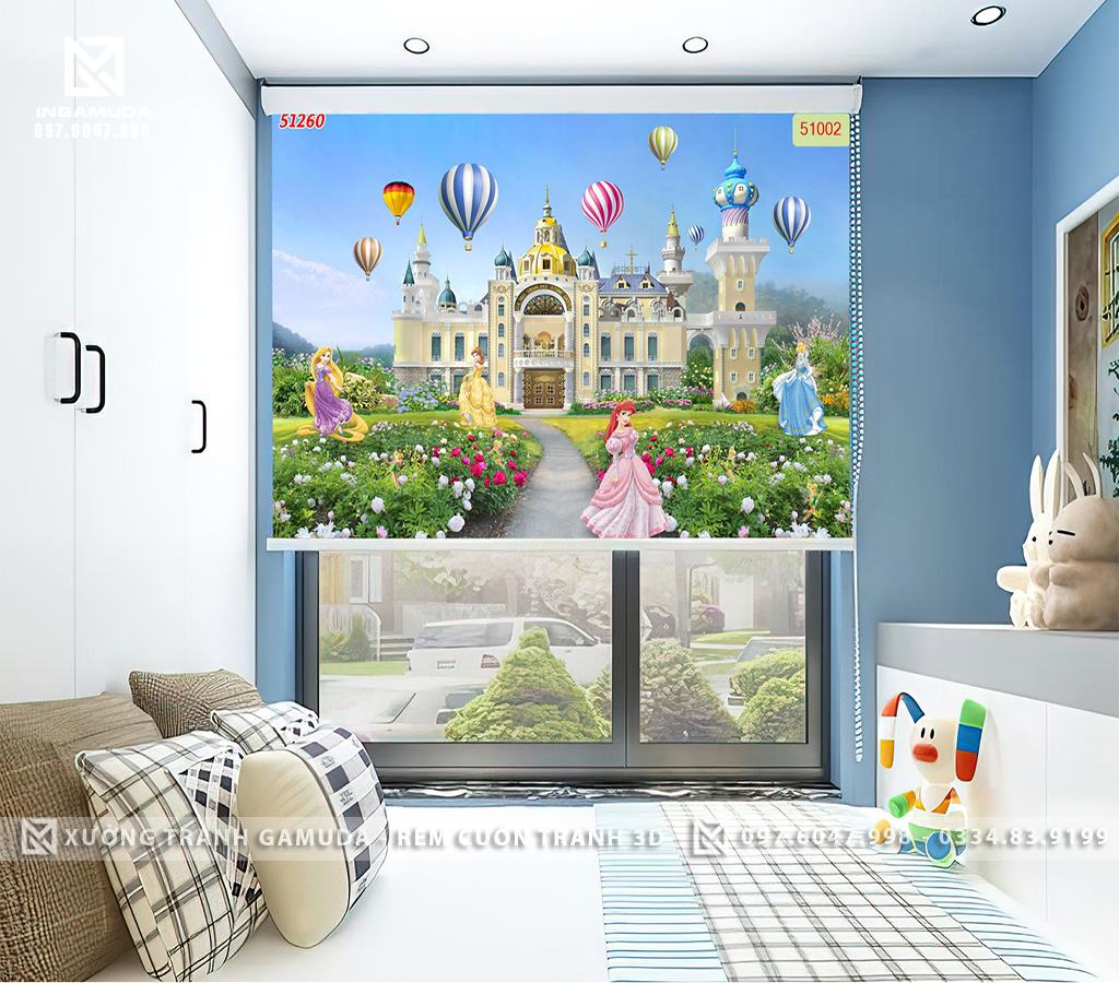 Rèm cho phòng ngủ bé gái in hình lâu đài và các công chúa đáng yêu