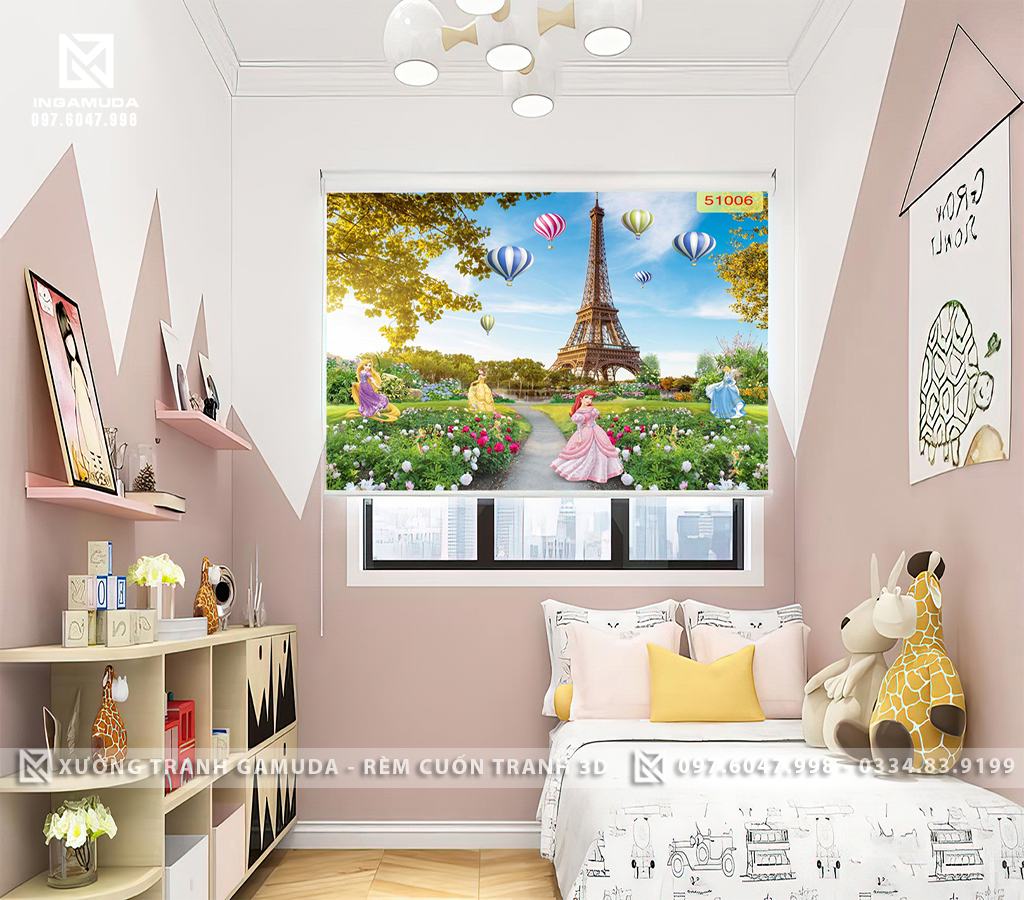 Rèm cho phòng ngủ bé gái in hình công chúa tại xưởng rèm Gamuda sản xuất