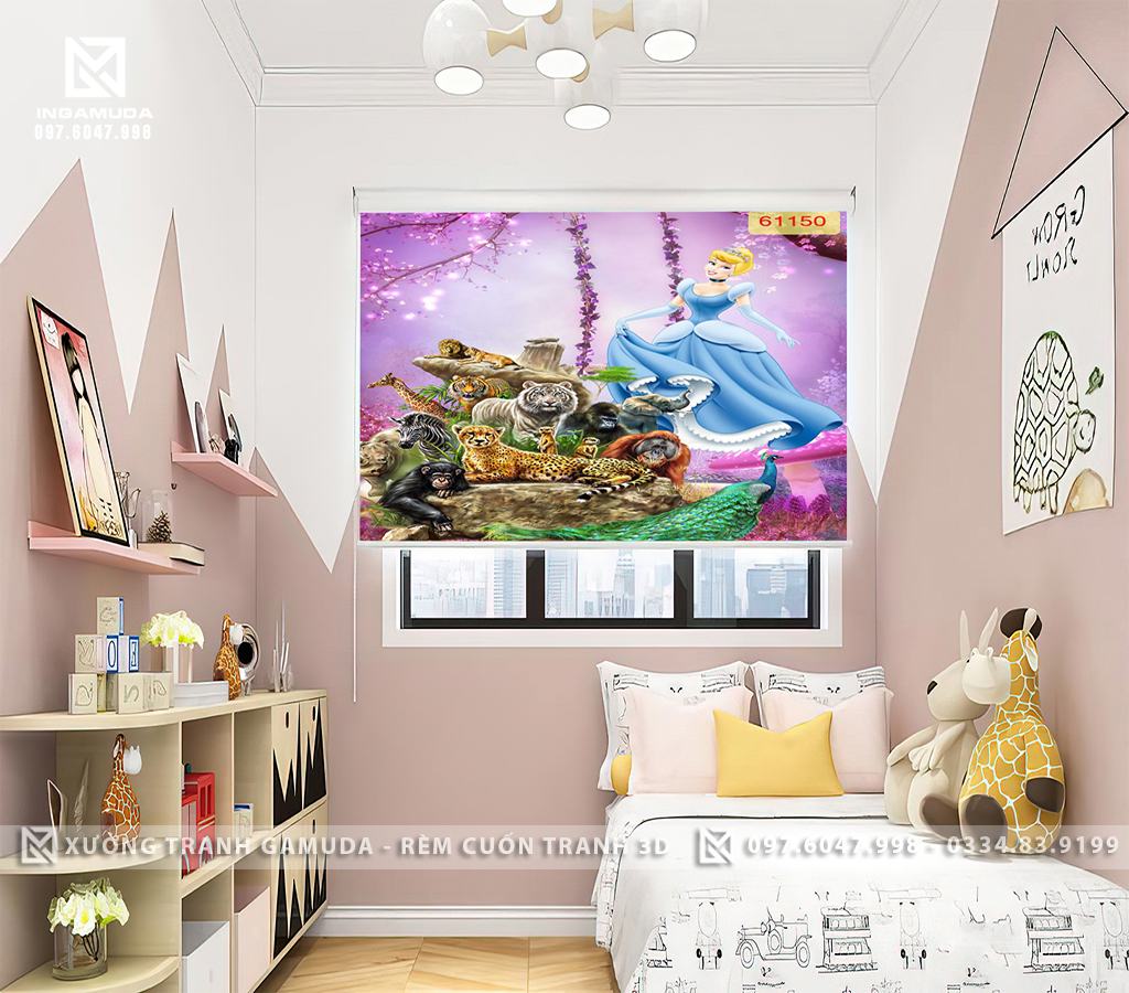 Rèm cuốn tranh cho phòng bé gái cản sáng cản nhiệt tốt in 3D hình công chúa rèm gamuda sản xuất thi công trọn gói