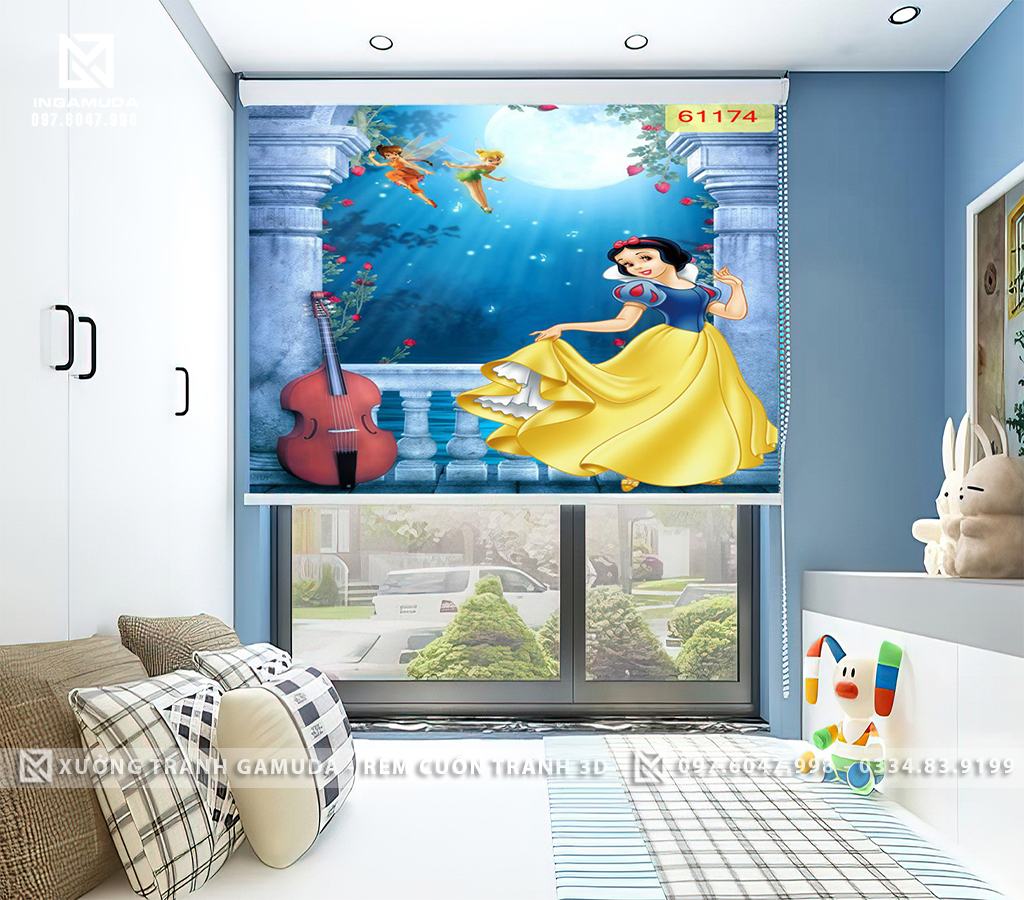 Rèm cuốn tranh 3D công chúa Bạch Tuyết cho phòng ngủ bé gái đẹp sản xuất tại xưởng rèm gamuda