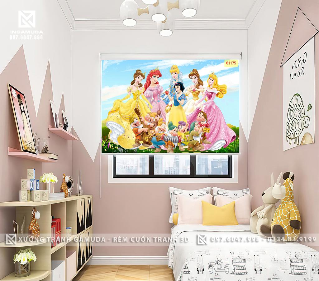 Rèm cuốn tranh cho phòng bé gái cản sáng cản nhiệt tốt in 3D hình công chúa rèm gamuda