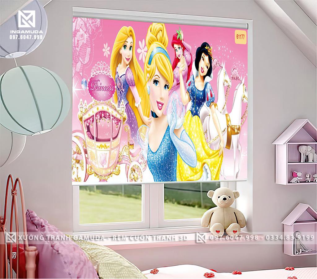 Rèm cuốn tranh cho phòng bé gái cản sáng cản nhiệt tốt in 3D hình công chúa