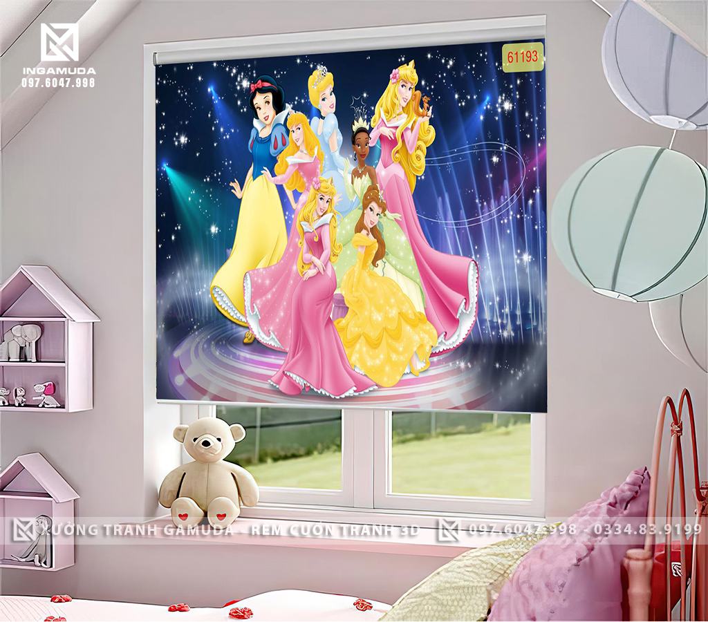 Rèm in tranh 3D các cô công chúa cho phòng ngủ bé gái đáng yêu