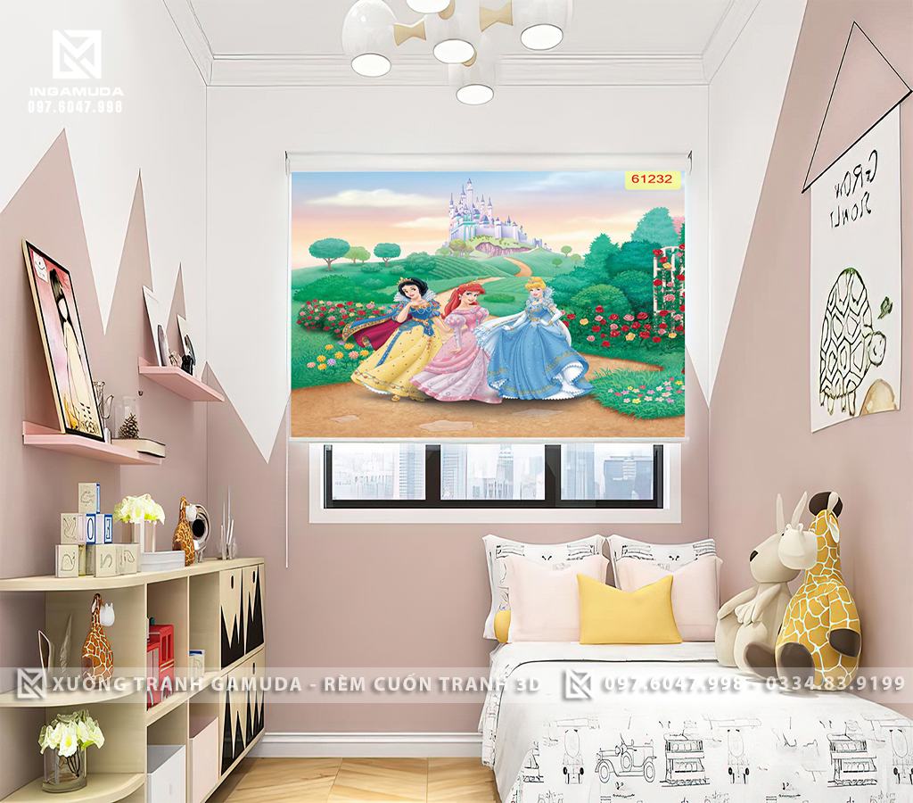 Rèm cuốn cho phòng ngủ bé gái in hình các nàng công chúa