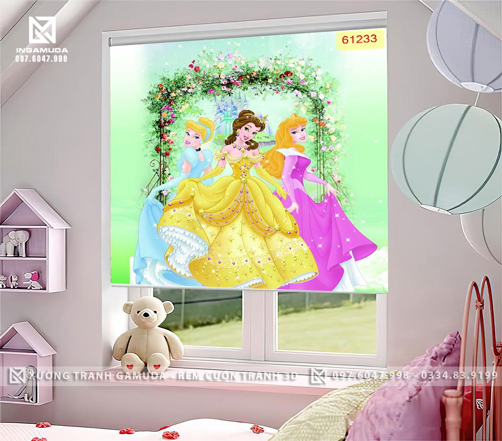 Rèm cản nắng cho phòng ngủ bé gái in hình 3D công chúa