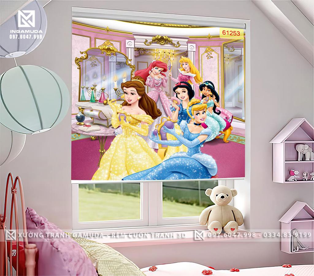 Rèm in hình 3D các nàng công chúa dễ thương cho phòng ngủ bé gái đáng yêu