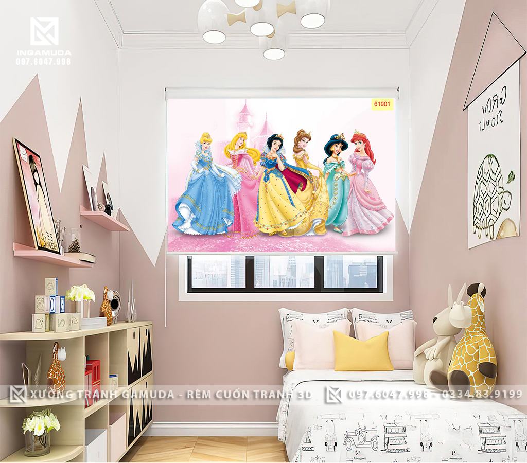 Rèm cuốn tranh cho phòng bé gái hình các nàng công chúa và công chúa bạch tuyết đáng yêu