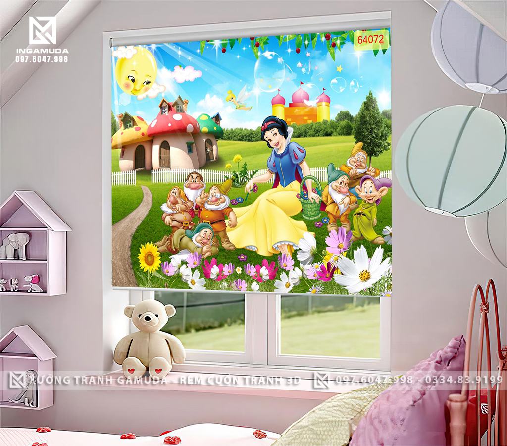 Rèm Cuốn Tranh Cho Phòng Ngủ Bé Gái Tranh Rèm 3D In Hình Công Chúa Bạch Tuyết