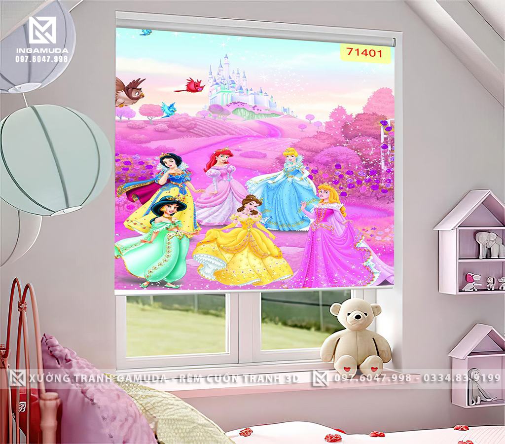 Rèm in tranh công chúa cho phòng ngủ bé gái