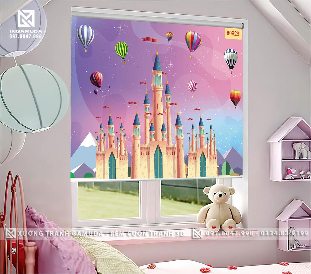 Rèm cuốn cho phòng ngủ bé gái hình lâu đài cổ tích kinh khí cầu mầu hồng tím đẹp