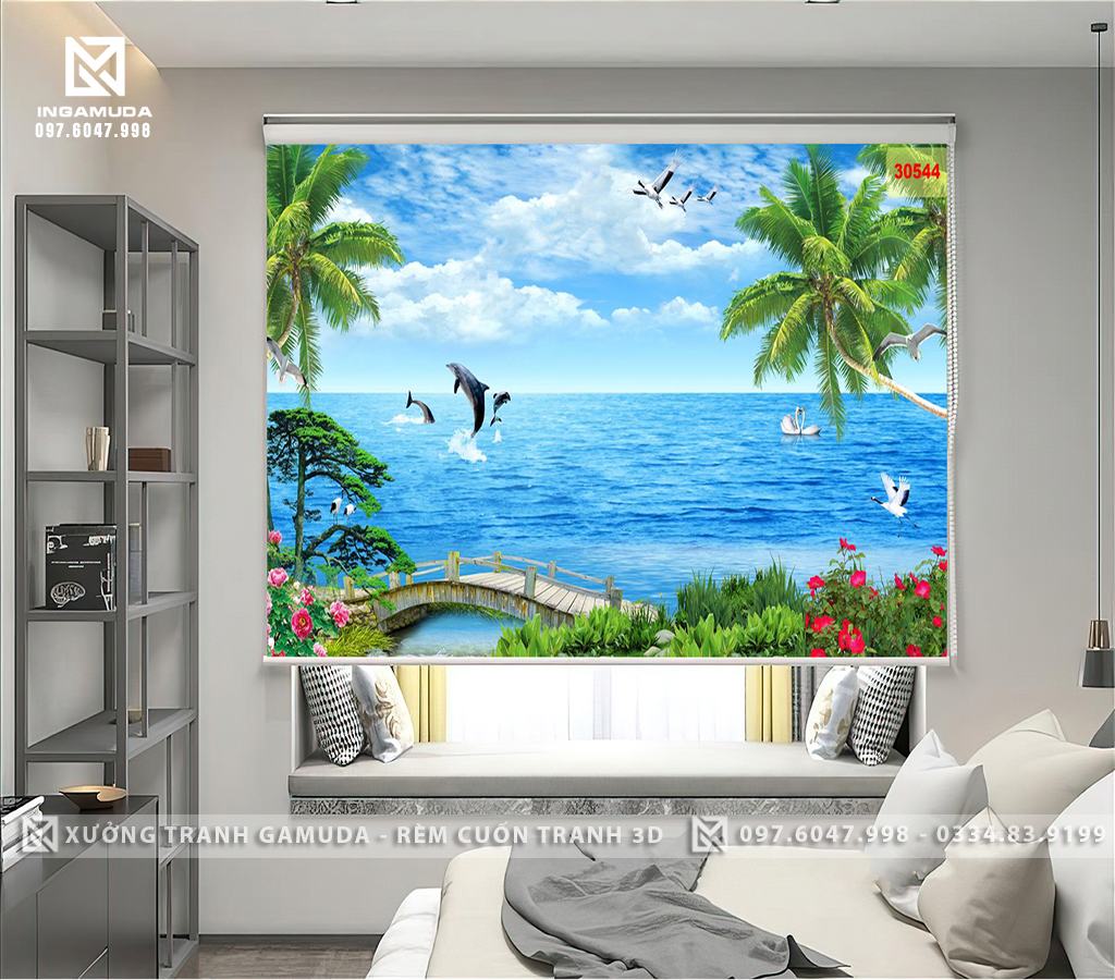 Rèm Cuốn Tranh 3D In Hình Cá Mập Và Thiên Nga Trên Mặt Biển Xanh 