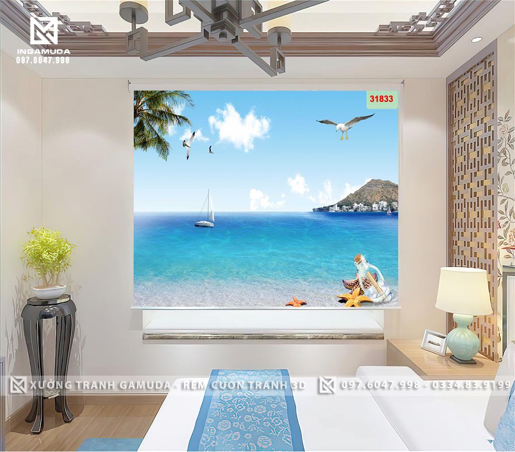 Rèm Cuốn Tranh 3D In Hình Thiên Nhiên Yên Bình Với Biển Và Các Loài Động Vật