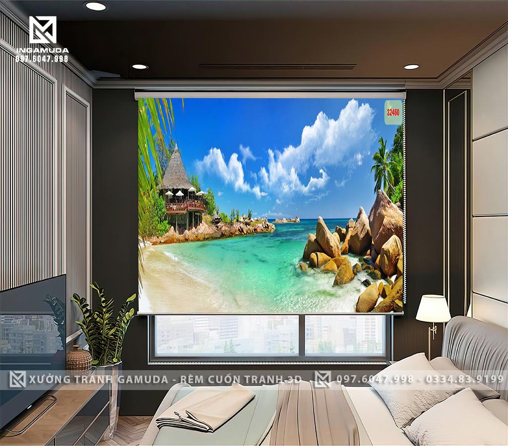 Rèm Cuốn Tranh 3D Bãi Biển Xanh Cát Trắng Nền Sáng Màu