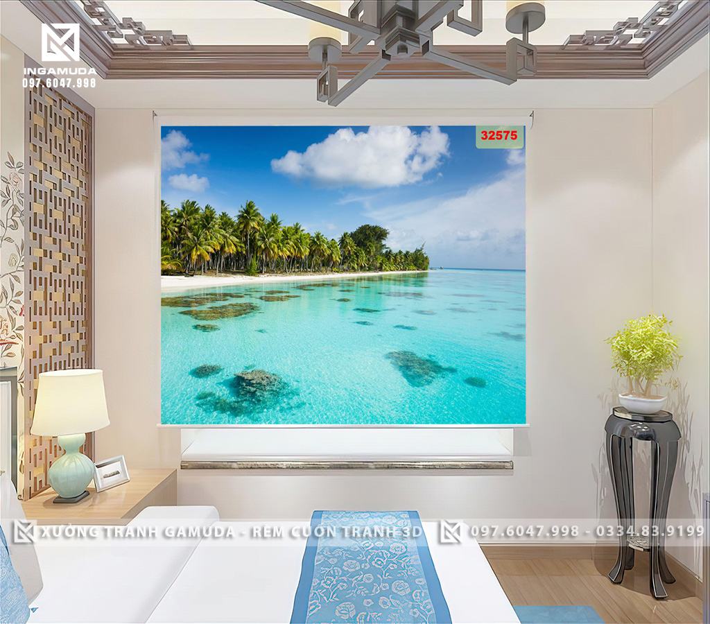 Rèm Cuốn Tranh 3D In Hình Cây Dừa Và Bãi Biển Trên Nền Sáng