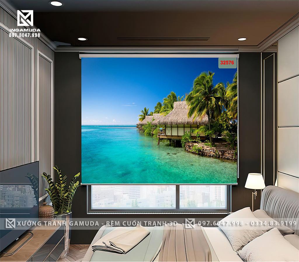 Rèm Cuốn Tranh In 3D Hình Ngôi Nhà Rơm Và Cây Dừa Trên Nền Biển Xanh