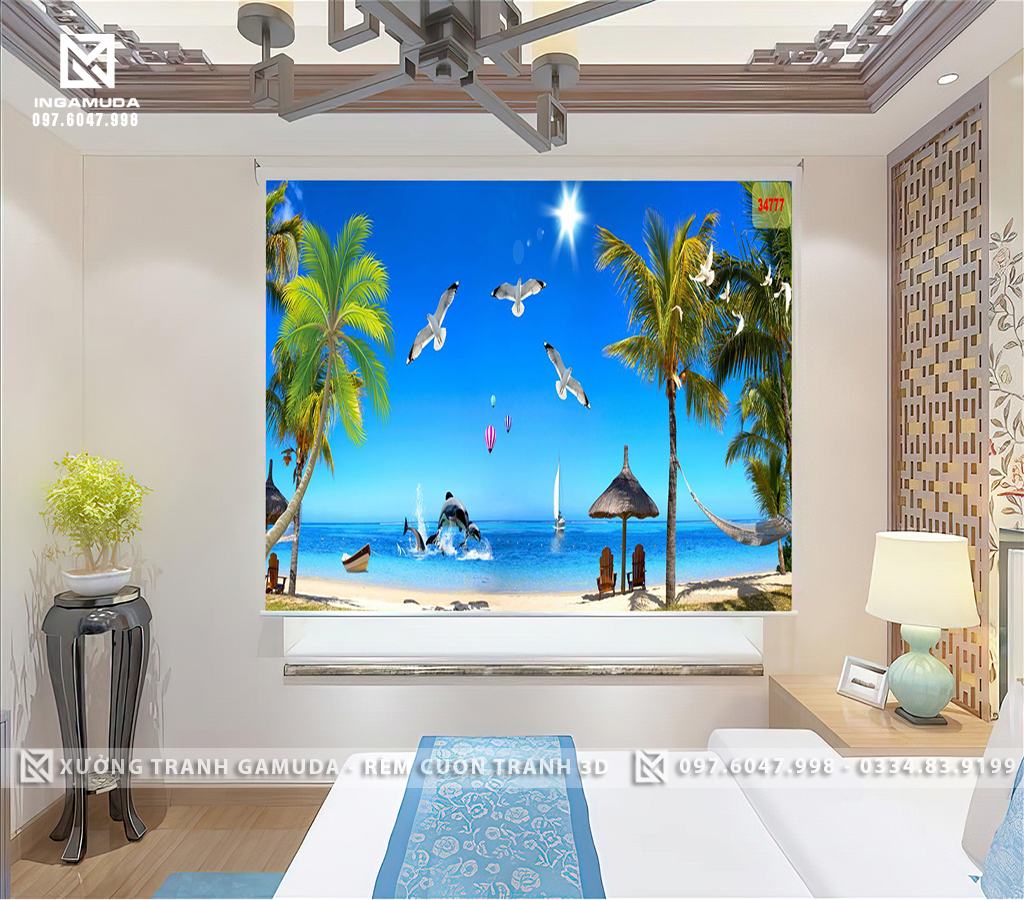 Rèm Cuốn Tranh 3D In Hình Bầy Cá Hải Âu Cây Dừa Trên Nền Sáng