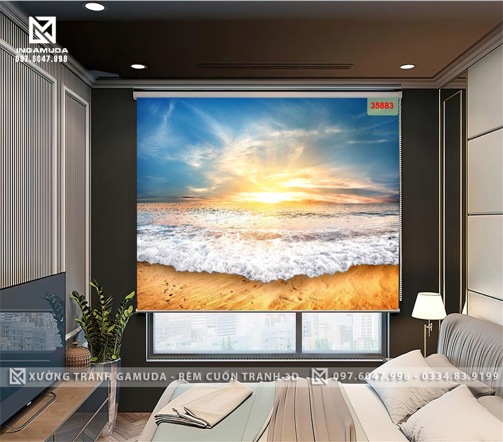 Rèm Cuốn Tranh In 3D Hình Sóng Vỗ Mầu Đẹp - Nhẹ Nhàng Sang Trọng Tại Xưởng Rèm Gamuda