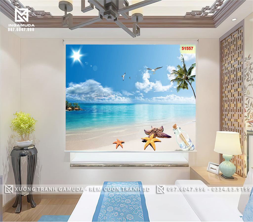 Rèm Cuốn Tranh In 3D Sao Biển Cây Dừa Nắng Hải Âu Và Gio Tại Xưởng Rèm Gamuda