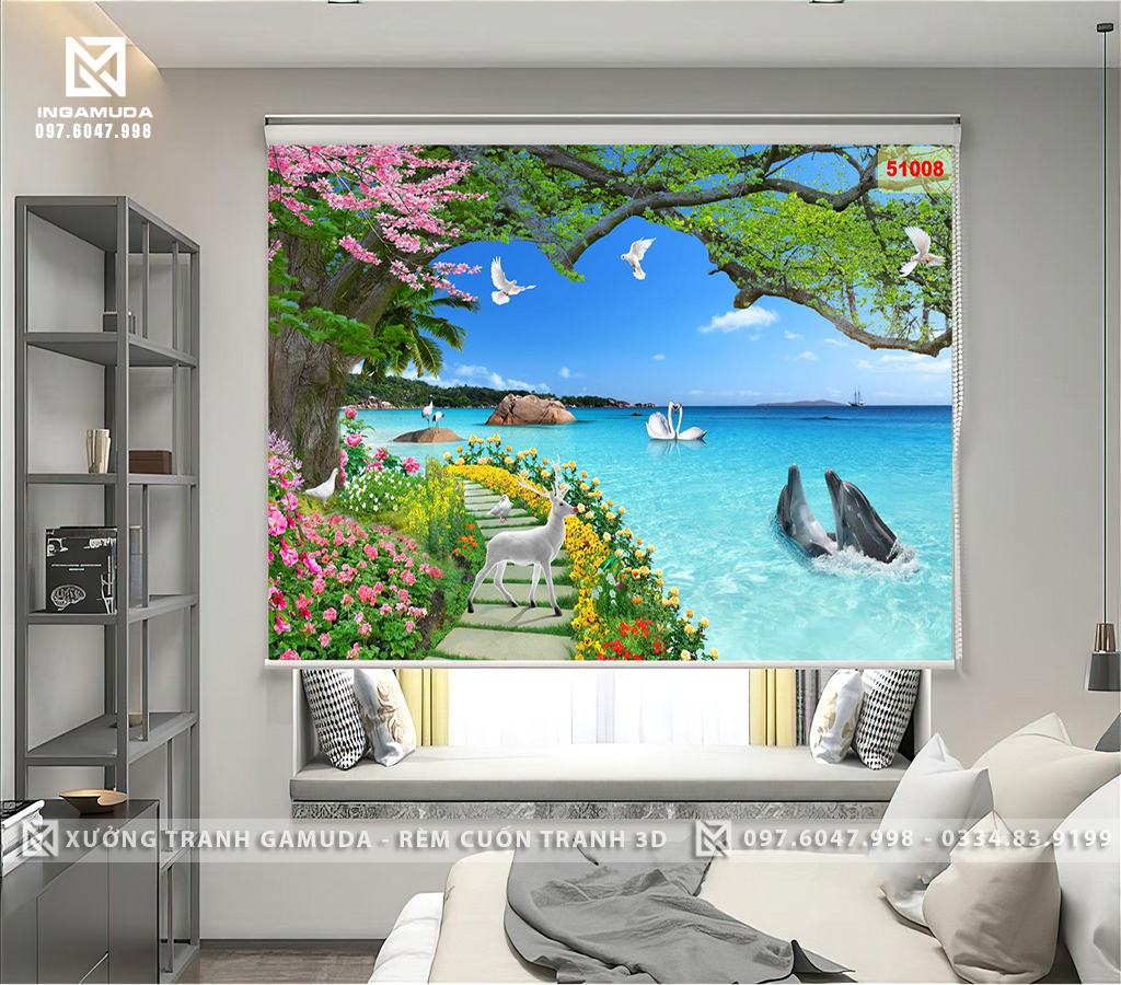 Rèm Cuốn Tranh 3D In Đôi Cá Heo Thiên Nga Cùng Hoa Lá Sắc Màu Trên Nền Xanh Sang Trọng