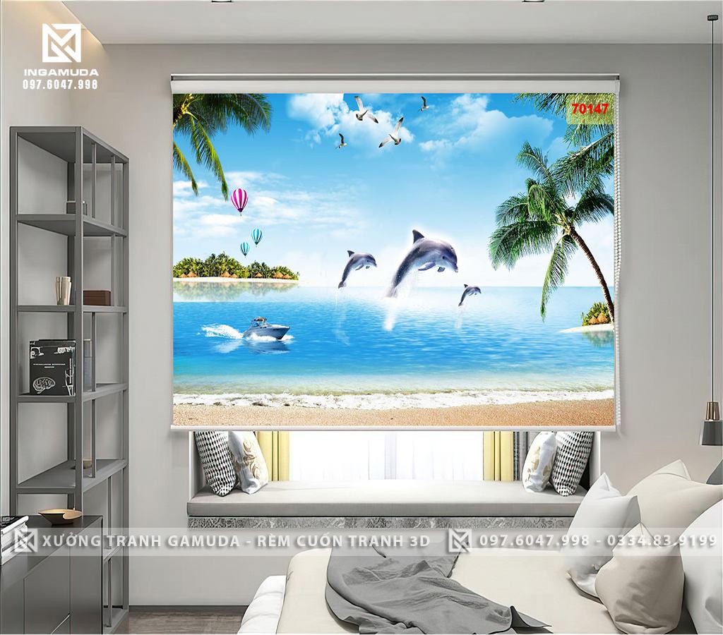 Rèm Cuốn Tranh 3D In Hình Cá Heo