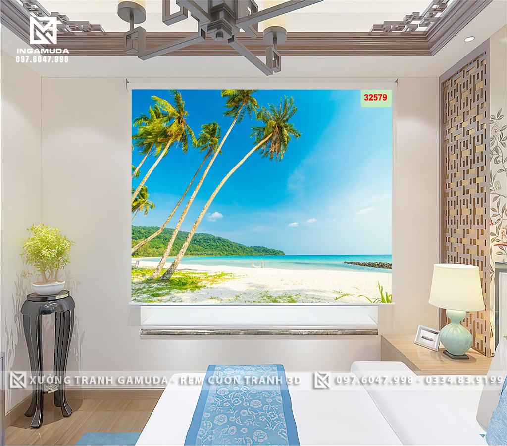 Rèm In Tranh 3D In Hình Hàng Cây Dừa Trong Nắng