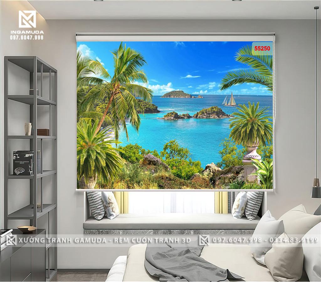 Rèm Cuốn In Tranh 3D In Hình Cây Dừa Xa Xa Có Con Thuyền Nổi Trên Mặt Nước Biển Trong Xanh