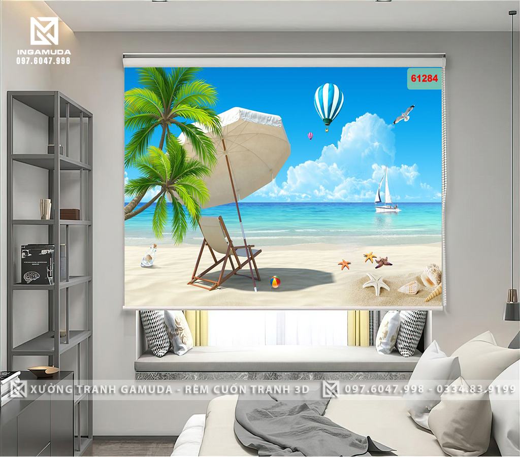 Rèm Cuốn Tranh Ịn Hình Cây Dừa Dưới Bờ Biển Là Ghế Nằm Để Ngắm Biển Trên Bầu Trời Có Chú Hải Âu Bay Và Có Khinh Khí Cầu Đang Bay Trên Bầu Trời