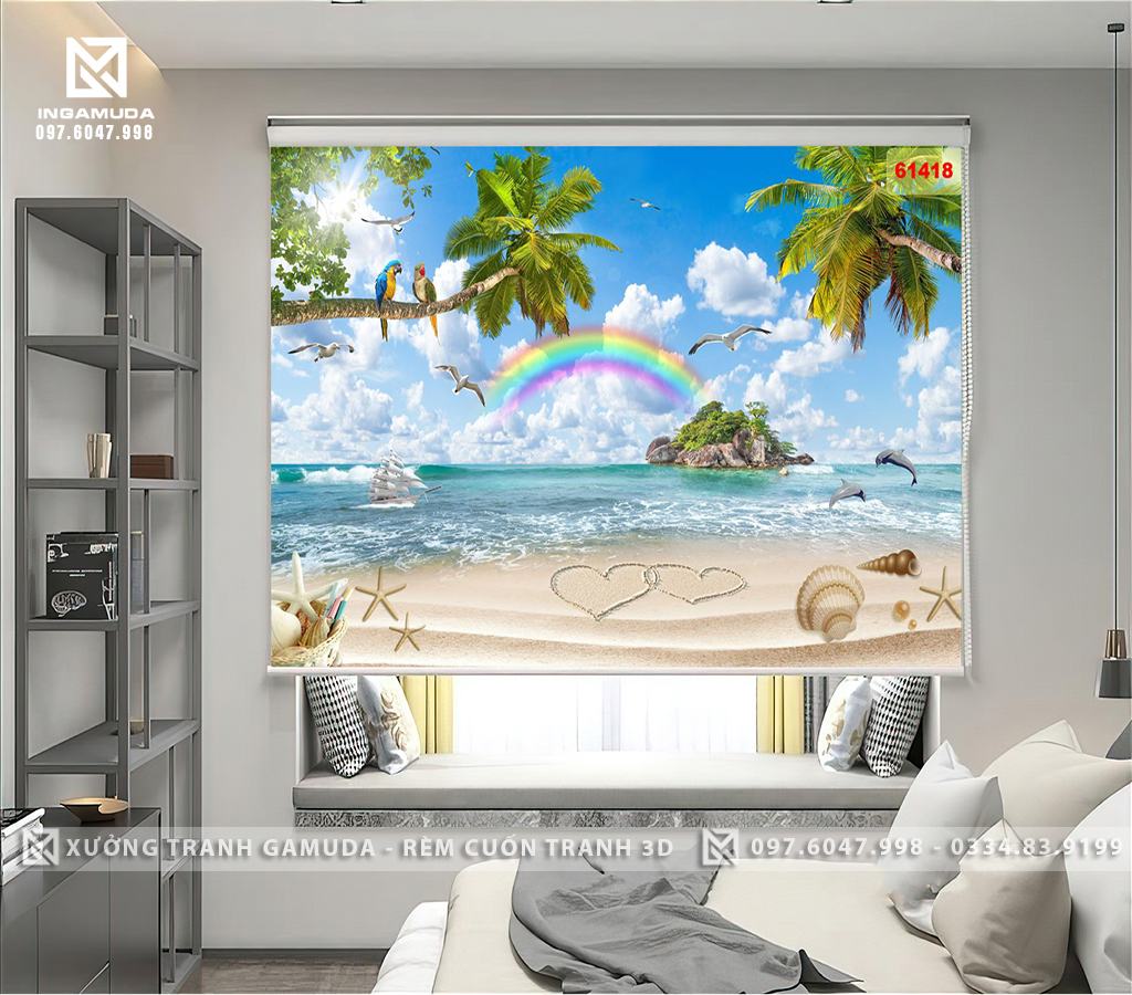 Rèm In Tranh 3D In Hai Bên Là Hai Cây Dừa Dưới Mặt Biển Có Chiếc Thuyền Và Hai Chú Cá Heo Đang Nhảy Lên Mặt Nước Trên Bầu Trời Có Cầu Vồng Trong Nắng