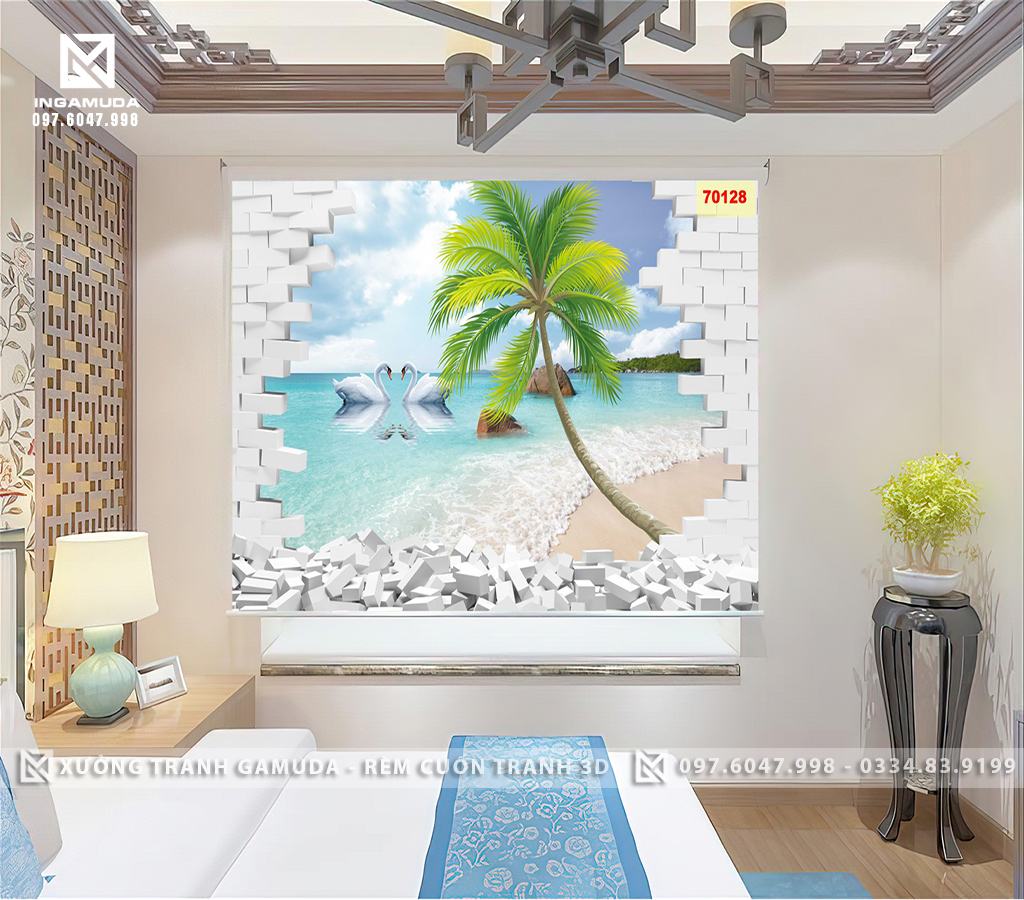 Rèm In Tranh 3D In Về Cây Dừa Ở Ngoài Biển - Sản Xuất Bởi Xưởng Rèm Gamuda