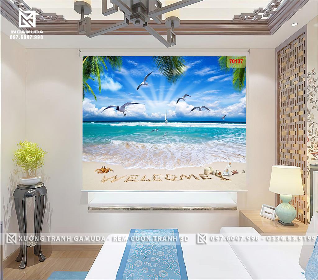 Rèm Cuốn Tranh 3D In Hình Cây Dừa Và Đàn Hải Âu Đang Bay Trong Nắng Xa Xa Có Con Thuyền Mờ Ảo Phù Hợp Cho Không Gian Phòng Ngủ