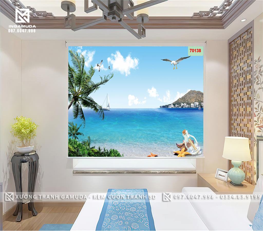 Rèm In Tranh 3D Bên Trái In Hình Cây Dừa Bên Phải In Hình Ngọn Núi Trên Bầu Trời Có Đàn Hải Âu Đang Tung Canh Trong Nắng Xa Xa Có Con Thuyển Đang Về Bờ