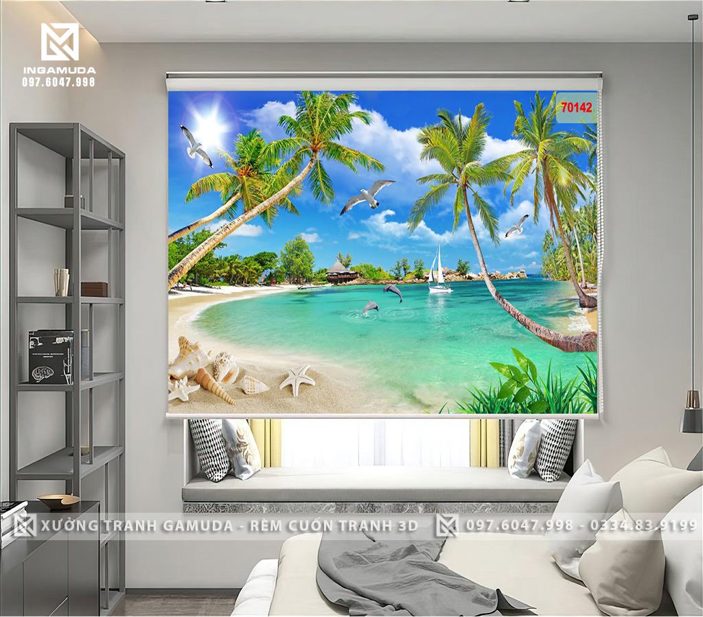 Rèm Cuốn In Tranh 3D In Hình Có Hàng Cây Dừa Đang Vươn Lên Ánh Mặt Trời Có Những Chsu Hải Âu Đang Sải Cánh Trong Nắng Dưới Mặt Biển Có Những Chú Cá Heo Đang Nhảy Lên Mặt Nước Ngay Trước Mặt Con Thuyền