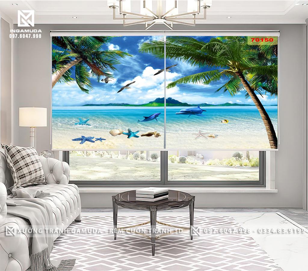 Rèm Cuốn Tranh 3D In Hình Cay Dừa Dưới Biển Có Những Chú Cá Heo Và Sao Biển Đang Ở Trong Nước