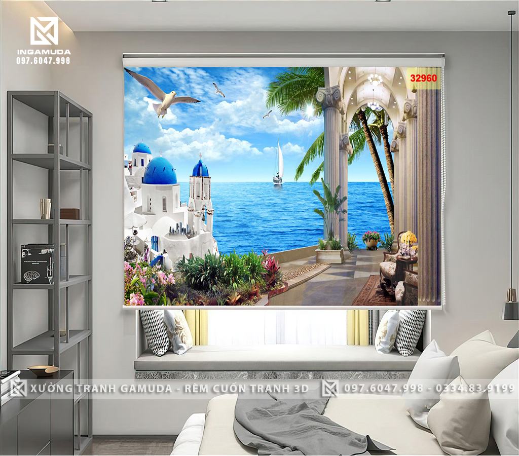 Rèm Cuốn Tranh 3D In Hình Các Chú Hải Âu Đang Sải Cánh Trên Bầu Trời Xannh Đằng Xa Xa Có Một Con Thuyền Đăng Đi Về Bờ