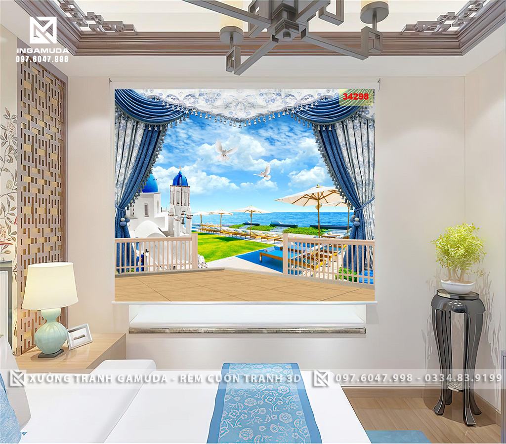 Rèm Cuốn Tranh 3D In Hình Biển Châu Âu