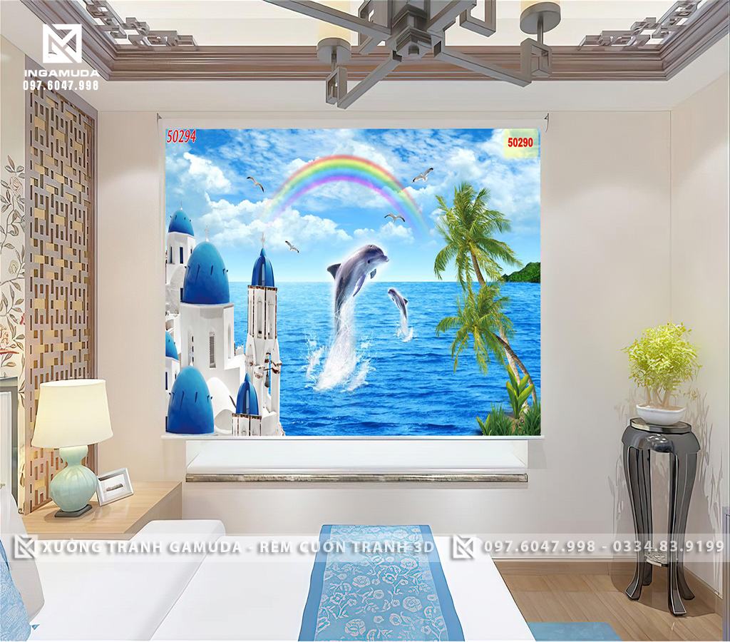 Rèm Cuốn Tranh 3D In Hình Những Chú Hải Âu Đang Bay Trên Bầu Trời Trong Xanh Và Chú Cá Voi Đang Nhảy Lên Mặt Nước 