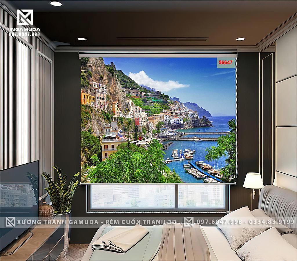 Rèm Cuốn Tranh 3D In Về Những Hình Ảnh Đẹp Vè Phong Cảnh Biển Và Những Tòa Nhà Cổ Kính Hướng Ra Biển