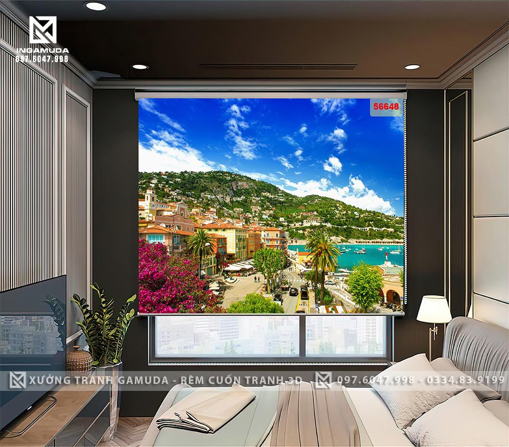 Rèm Cuốn Tranh 3D In về Bãi Biển Nơi Có Những Tòa Nhà Đẹp Hướng Ra Bãi Biển 