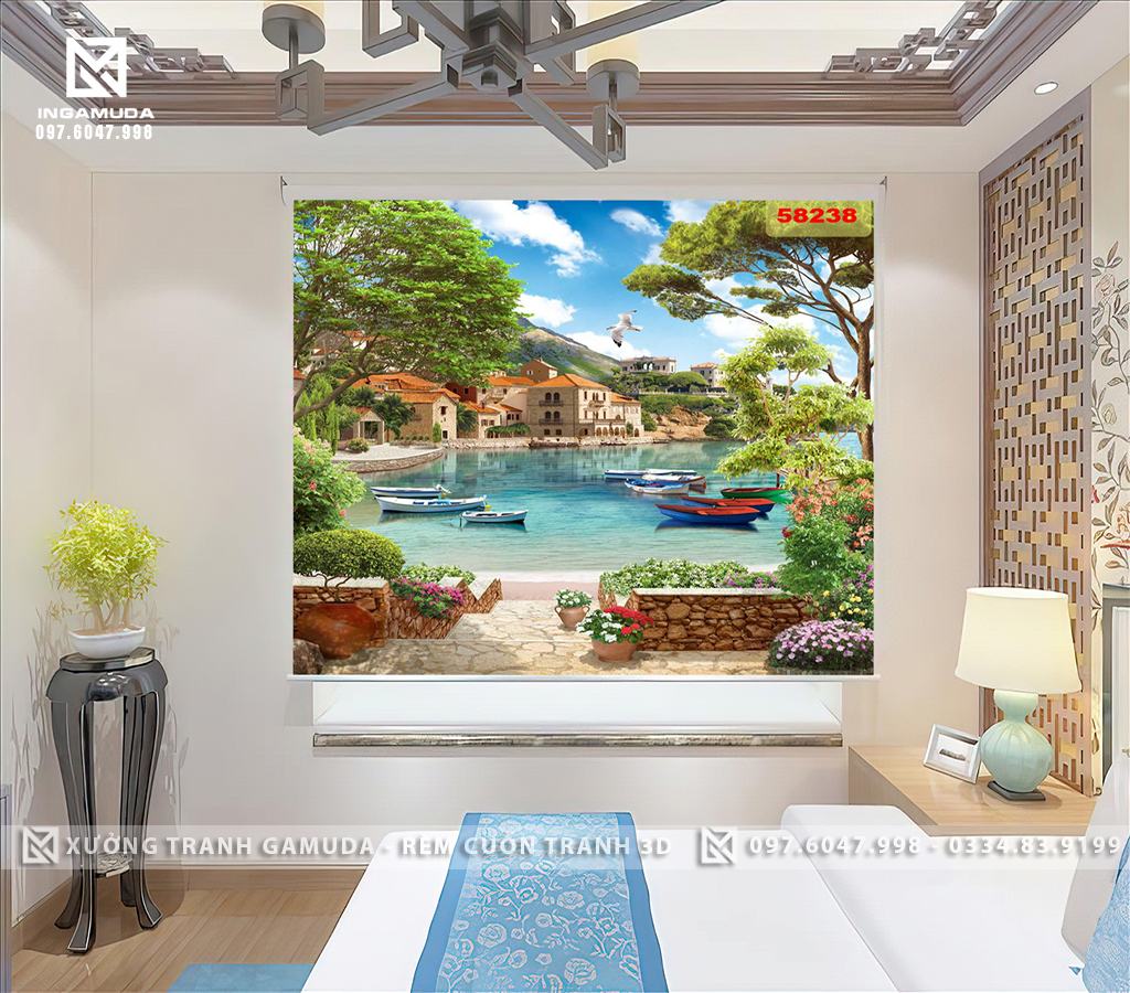 Rèm Cuốn Tranh 3D In Hình Bãi Biển Có Những Chiếc Thuyền Du Lịch Đang Trôi Trên Mặt Nước Không Gian Chiều Sâu Cho Phòng Ngủ