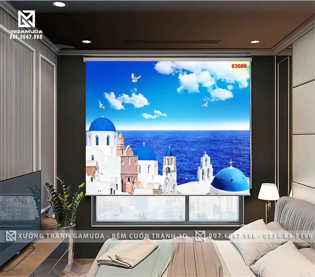 Rèm In Tranh 3D Tạo Chiều Sâu Cho Phòng Ngủ In Hình Ngồi Nhà Xa Xa Là Bãi Biển Xanh Xanh 