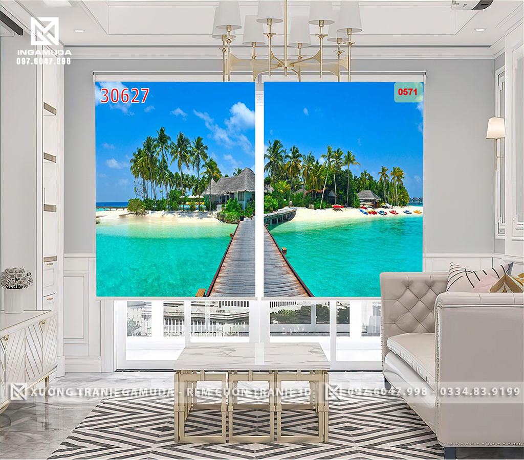 Rèm Cuốn Tranh 3D In Hình Con Đường Dẫn Đến Khu Nghỉ Dưỡng Ngoài Biển 