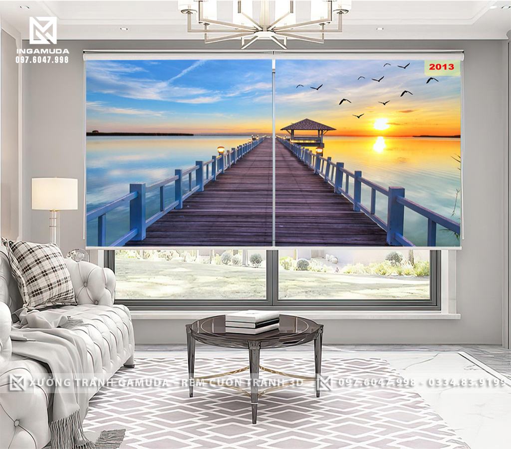 Rèm In Tranh 3D In Hình Con Đường Dẫn Ra Biển Trong Một Khung Cản Trời Hoàng Hôn Có Đàn Hải Âu Đang Bay Trên Bầu Trời
