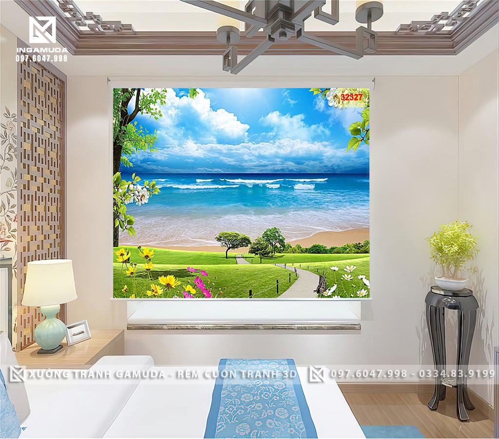 Rèm Cuốn In Tranh 3D In Hình Con Đường Hai Bên Là Thảm Cỏ Xanh Dẫn Chúng Ta Ra Biển Có Mặt Nước Trong Xanh 