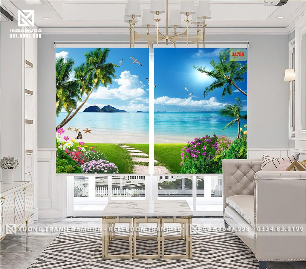 Rèm Cuốn In Tranh 3D In Hình Con Đường Hai Bên Con Đường Có Những Hàng Hoa Đang Thi Nhau Nở Rộ Có Hàng Cây Dừa Đanh Vươn Lên Ánh Mặt Trời 