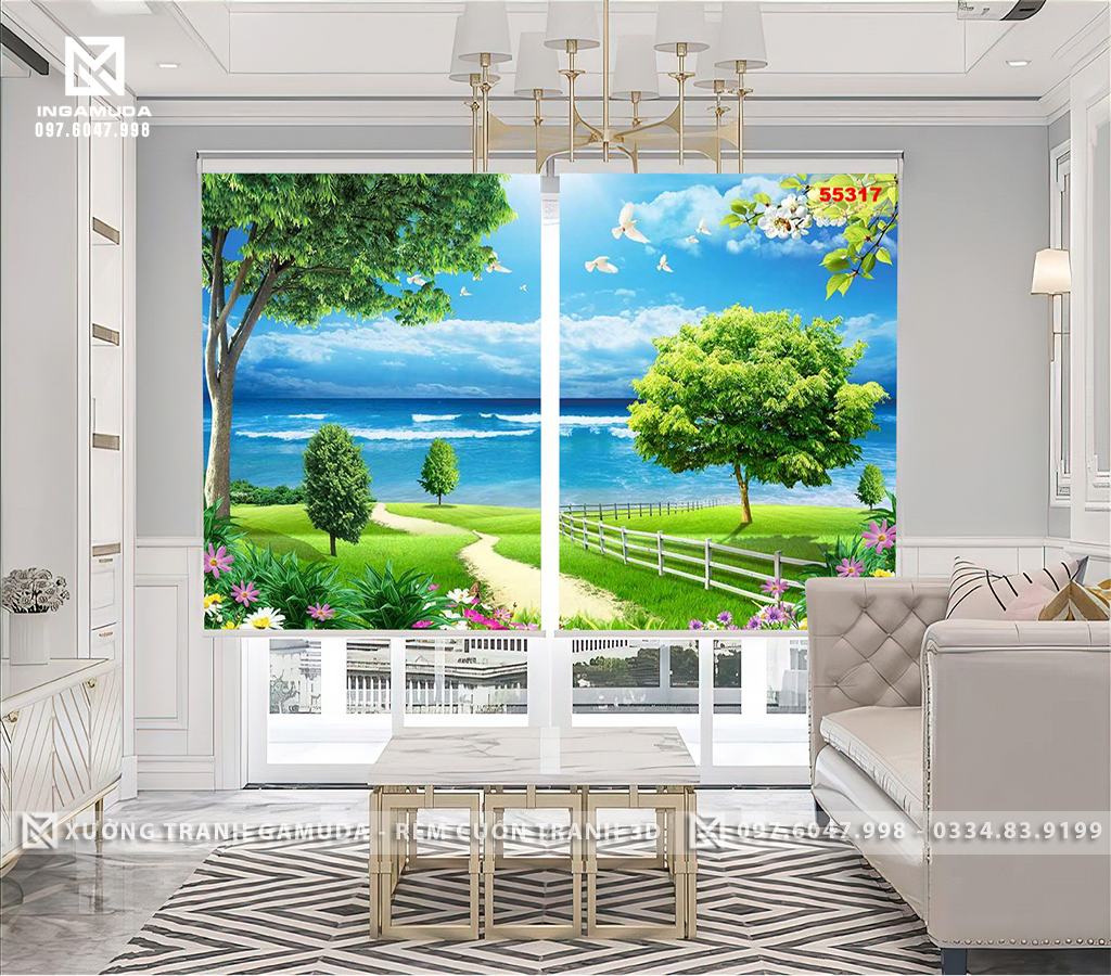 Rèm Cuốn In Tranh 3D In Hình Con Đường Hai Bên Là Thảm Cỏ Xanh Dẫn Chúng Ta Ra Biển Có Mặt Nước Trong Xanh