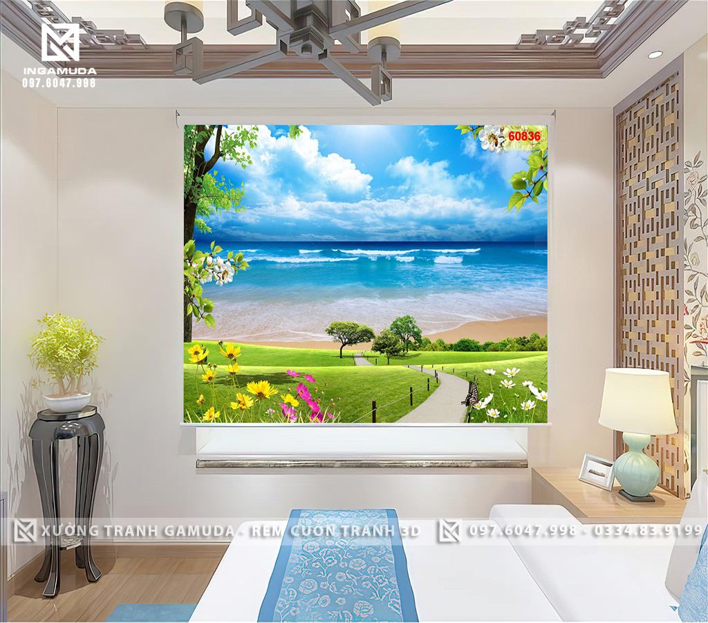 Rèm Cuốn In Tranh 3D In Hình Con Đường Hai Bên Là Thảm Cỏ Xanh Dẫn Chúng Ta Ra Biển Có Mặt Nước Trong Xanh