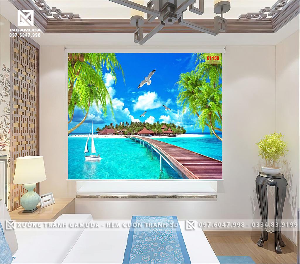Rèm Cuốn Tranh 3D In hình Cây Cầu Nằm Trên Mặt Biển Dẫn Chúng Ta Ra Một Hòn Đảo Sinh Thái Nghỉ Dưỡng Trên Bầu Trời Có Đàn hải Âu Đang Tung Cánh Trên Bầu Trời 
